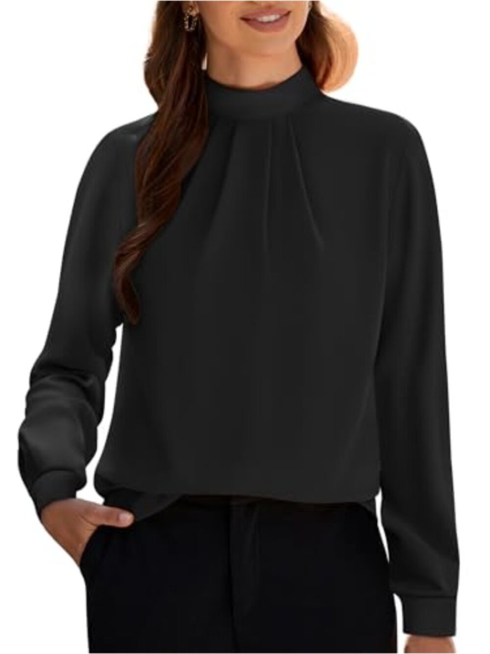 Women's Long Sleeve Mock Neck Blouse Lightweight Chiffon Tunic Top
